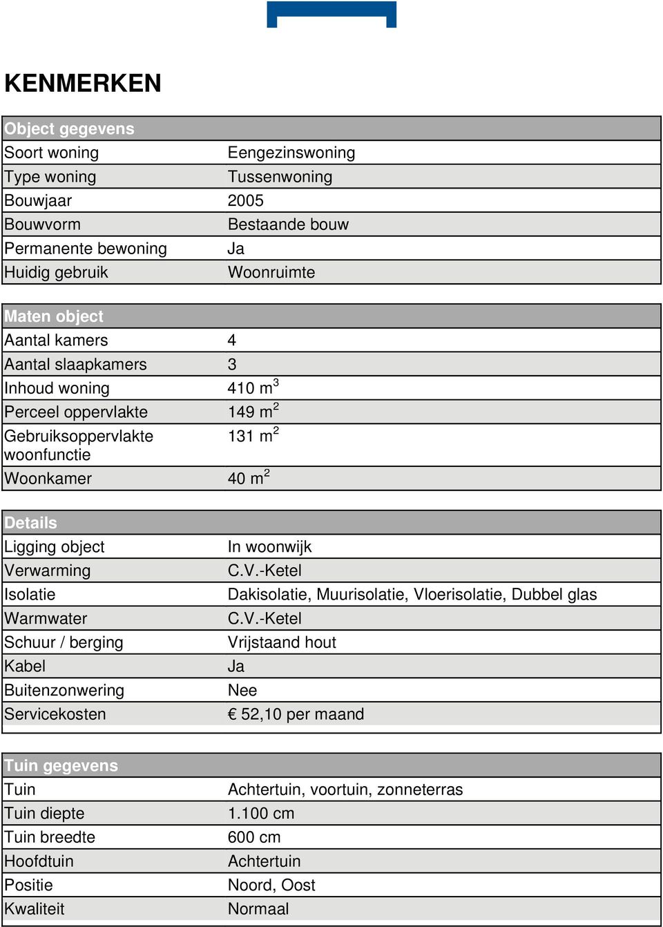 Verwarming Isolatie Warmwater Schuur / berging Kabel Buitenzonwering Servicekosten In woonwijk C.V.Ketel Dakisolatie, Muurisolatie, Vloerisolatie, Dubbel glas C.V.Ketel Vrijstaand hout Ja Nee 52,10 per maand Tuin gegevens Tuin Tuin diepte Tuin breedte Hoofdtuin Positie Kwaliteit Achtertuin, voortuin, zonneterras 1.