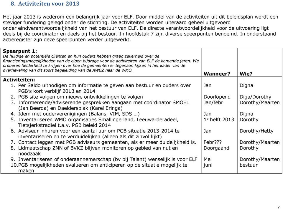 De directe verantwoordelijkheid voor de uitvoering ligt deels bij de coördinator en deels bij het bestuur. In hoofdstuk 7 zijn diverse speerpunten benoemd.