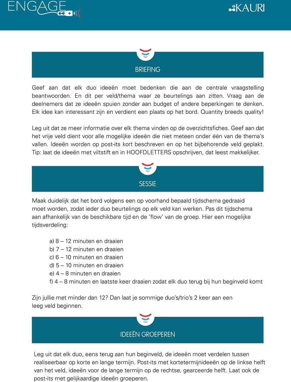 Leg uit dat ze meer informatie over elk thema vinden op de overzichtsfiches. Geef aan dat het vrije veld dient voor alle mogelijke ideeën die niet meteen onder één van de thema s vallen.