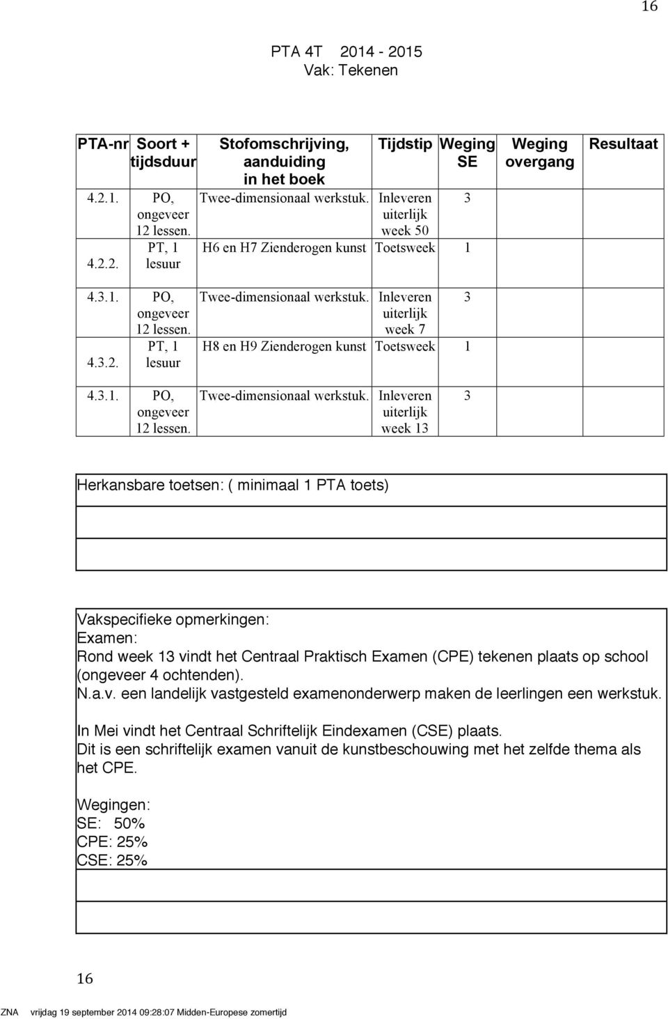 Inleveren uiterlijk week 7 H8 en H9 Zienderogen kunst Toetsweek 1 4..1. PO, ongeveer 12 lessen. Twee-dimensionaal werkstuk.