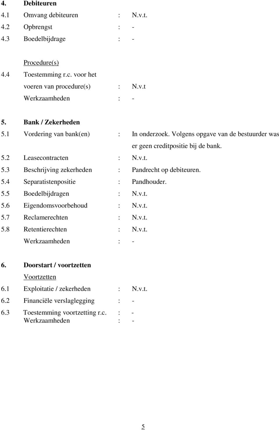 5.4 Separatistenpositie : Pandhouder. 5.5 Boedelbijdragen : N.v.t. 5.6 Eigendomsvoorbehoud : N.v.t. 5.7 Reclamerechten : N.v.t. 5.8 Retentierechten : N.v.t. 6.