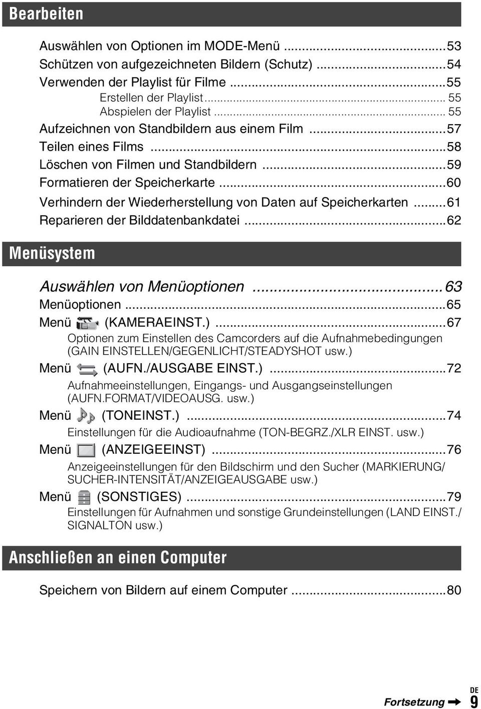 ..60 Verhindern der Wiederherstellung von Daten auf Speicherkarten...61 Reparieren der Bilddatenbankdatei...62 Menüsystem Auswählen von Menüoptionen...63 Menüoptionen...65 Menü (KAMERAEINST.).