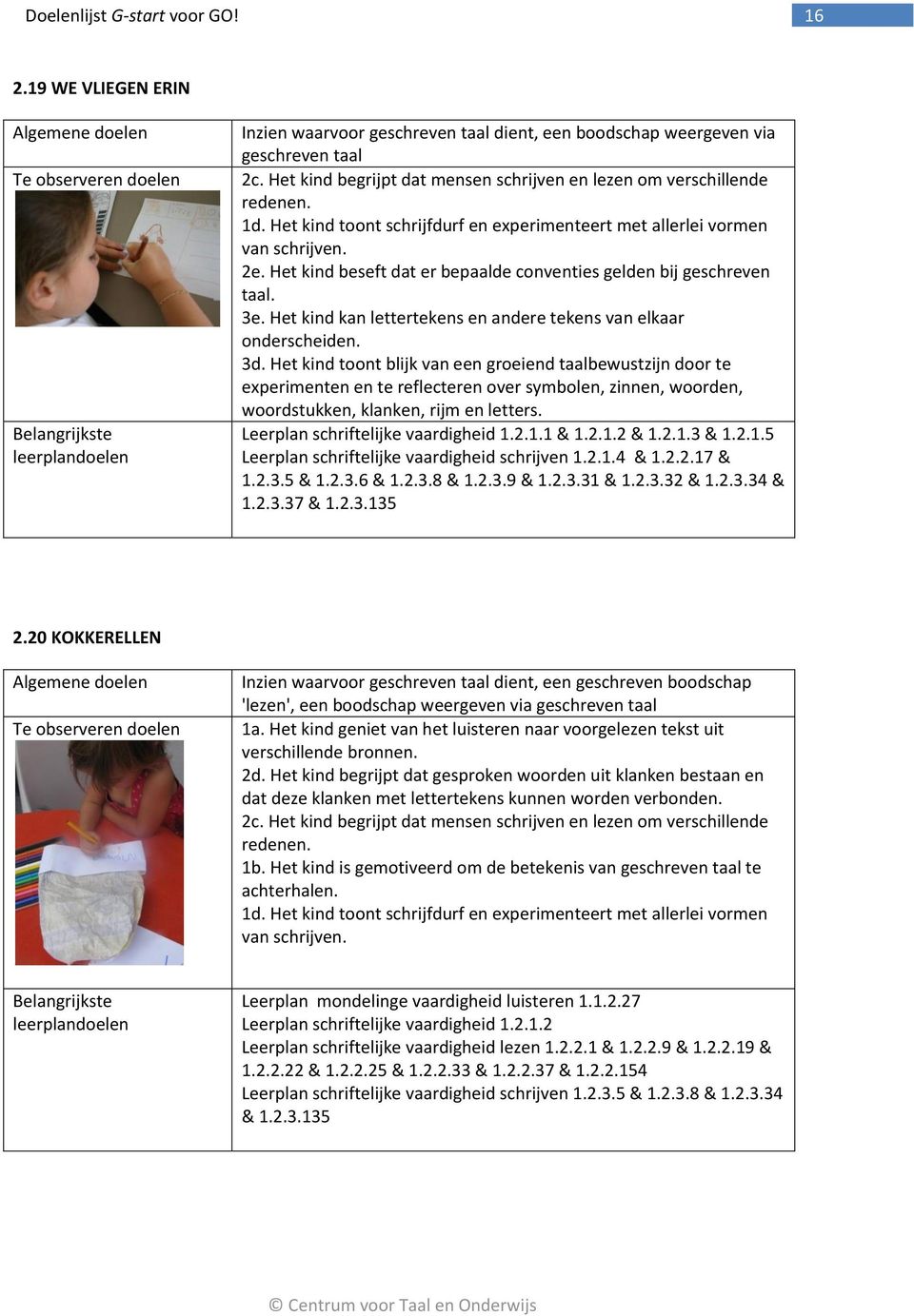 Het kind toont blijk van een groeiend taalbewustzijn door te experimenten en te reflecteren over symbolen, zinnen, woorden, woordstukken, klanken, rijm en letters.