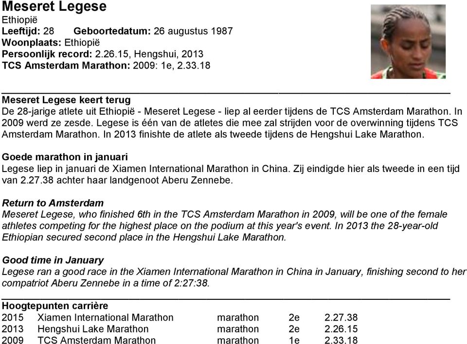 Legese is één van de atletes die mee zal strijden voor de overwinning tijdens TCS Amsterdam Marathon. In 2013 finishte de atlete als tweede tijdens de Hengshui Lake Marathon.