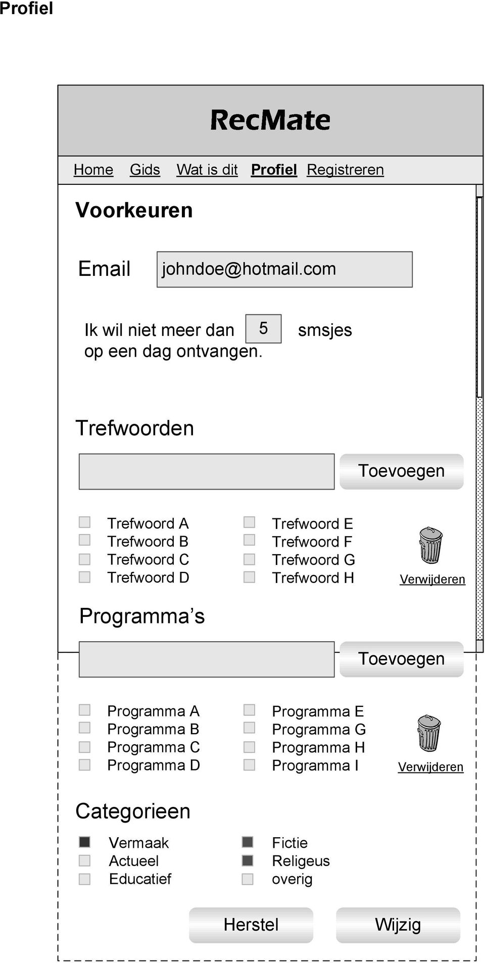 Trefwoord F Trefwoord G Trefwoord H Verwijderen Toevoegen Programma A Programma B Programma C Programma D