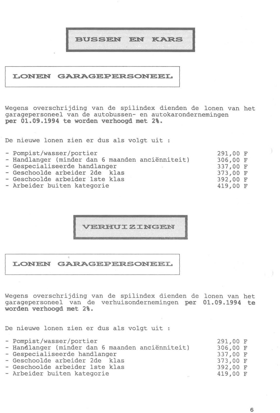 lste klas - Arbeider buiten kategorie 291,00 F 306,00 F 337,00 F 373,00 F 392,00 F 419,00 F LONEN GARAGEPERSONEEL Wegens overschrijding van de spilindex dienden de lonen van het garagepersoneel van