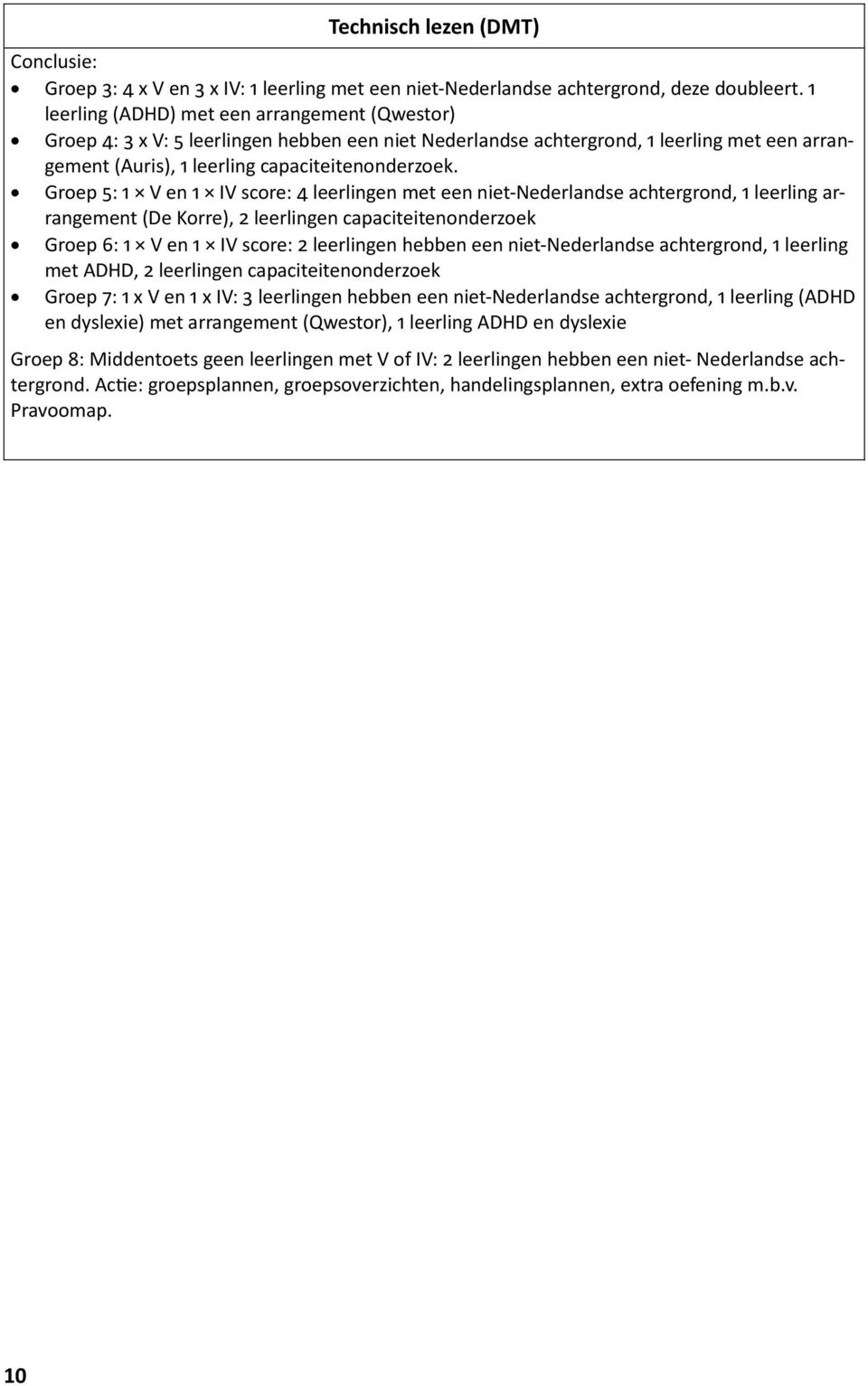 Groep 5: 1 V en 1 IV score: 4 leerlingen met een niet-nederlandse achtergrond, 1 leerling arrangement (De Korre), 2 leerlingen capaciteitenonderzoek Groep 6: 1 V en 1 IV score: 2 leerlingen hebben