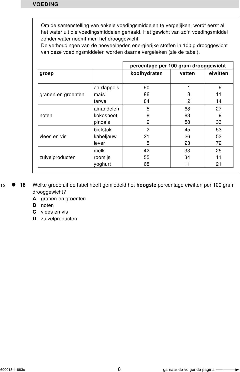 De verhoudingen van de hoeveelheden energierijke stoffen in 100 g drooggewicht van deze voedingsmiddelen worden daarna vergeleken (zie de tabel).