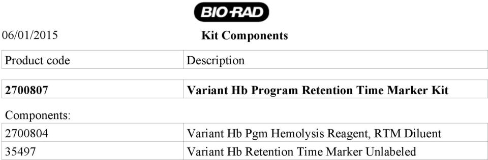 Components: 2700804 Variant Hb Pgm Hemolysis Reagent,