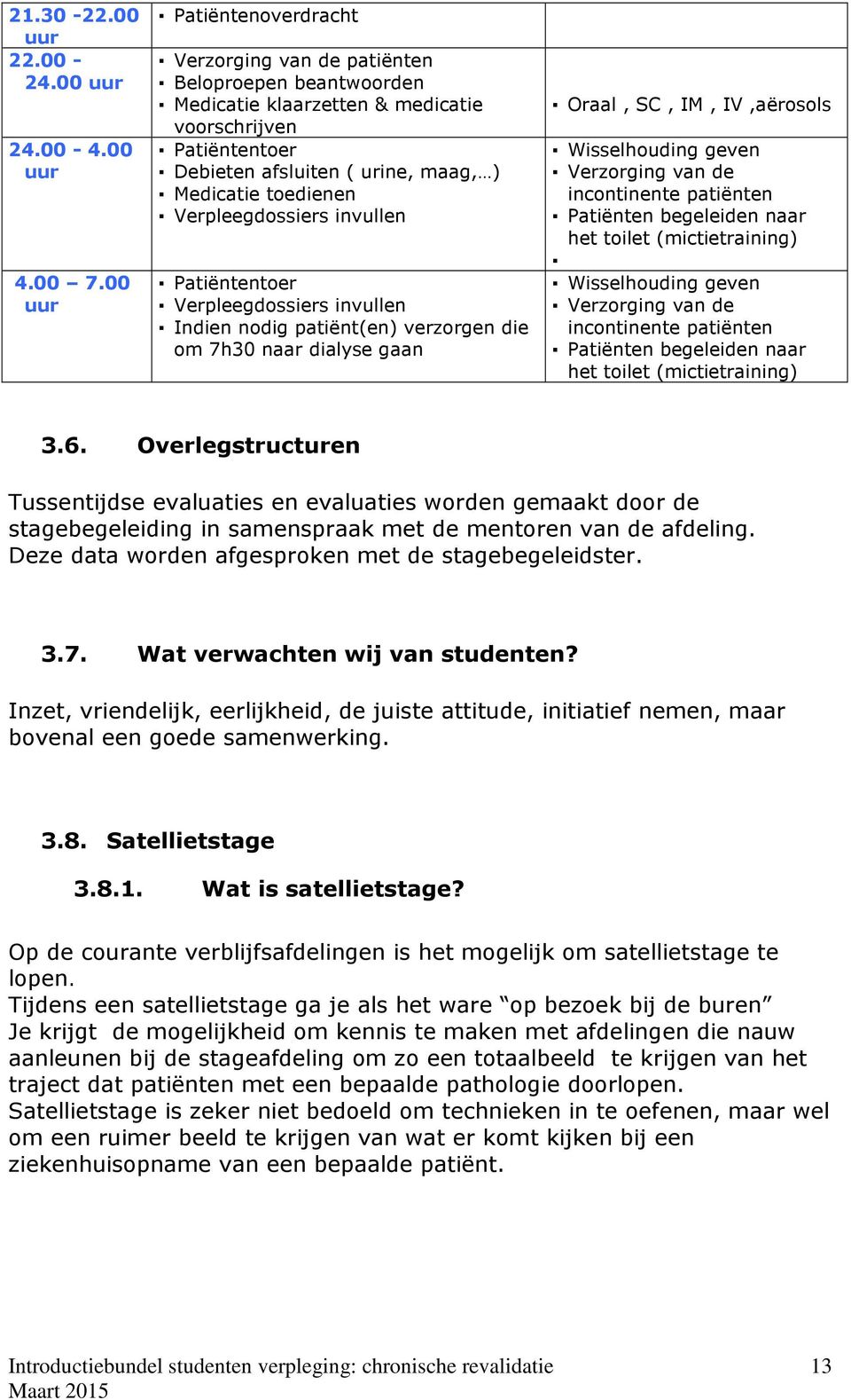 Verpleegdossiers invullen Patiëntentoer Verpleegdossiers invullen Indien nodig patiënt(en) verzorgen die om 7h30 naar dialyse gaan Oraal, SC, IM, IV,aërosols Wisselhouding geven Verzorging van de