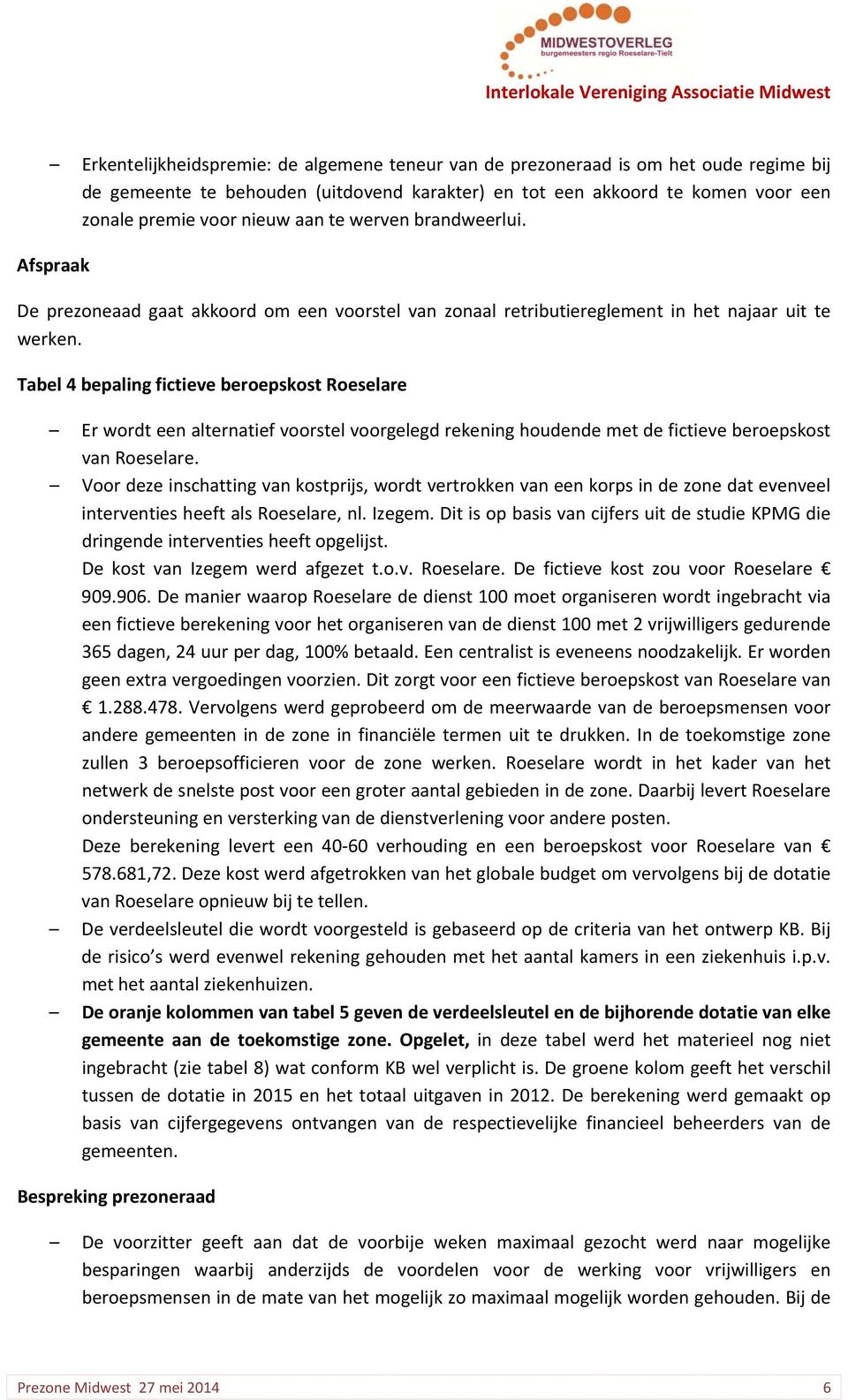 Tabel 4 bepaling fictieve beroepskost Roeselare Er wordt een alternatief voorstel voorgelegd rekening houdende met de fictieve beroepskost van Roeselare.