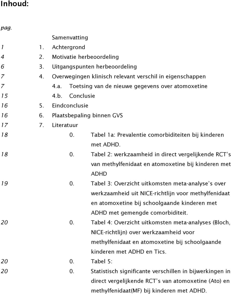 Tabel 1a: Prevalentie comorbiditeiten bij kinderen met ADHD. 18 0. Tabel 2: werkzaamheid in direct vergelijkende RCT s van methylfenidaat en atomoxetine bij kinderen met ADHD 19 0.