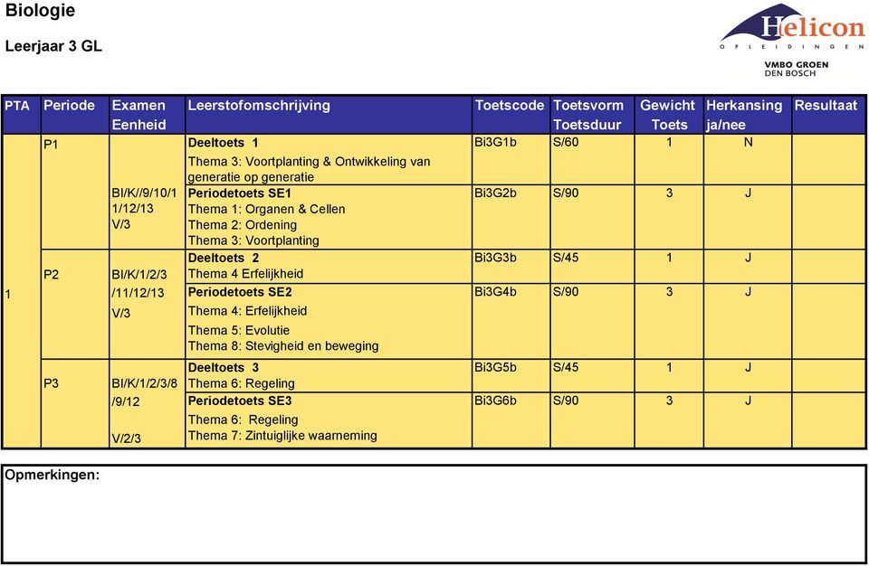 S/45 1 J 1 /11/12/13 Periodetoets SE2 Bi3G4b S/90 3 J V/3 Thema 4: Erfelijkheid Thema 5: Evolutie Thema 8: Stevigheid en beweging P3