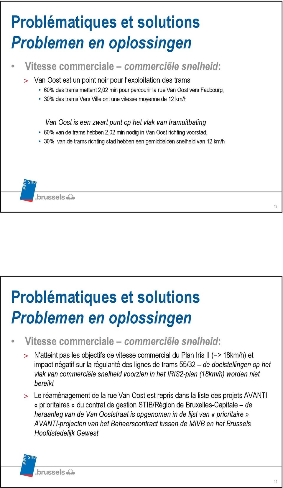 hebben een gemiddelden snelheid van 12 km/h 13 Vitesse commerciale commerciële snelheid: > N atteint pas les objectifs de vitesse commercial du Plan Iris II (=> 18km/h) et impact négatif sur la