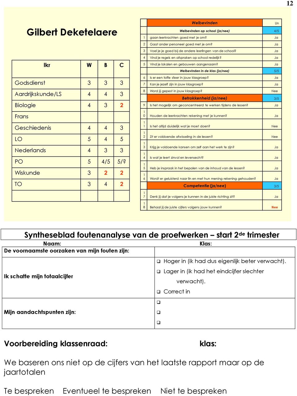 Wiskunde 3 2 2 TO 3 4 2 4 Vind je regels en afspraken op school redelijk? Ja 5 Vind je lokalen en gebouwen aangenaam? Ja Welbevinden in de klas (ja/nee) 5/5 6 Is er een toffe sfeer in jouw klasgroep?