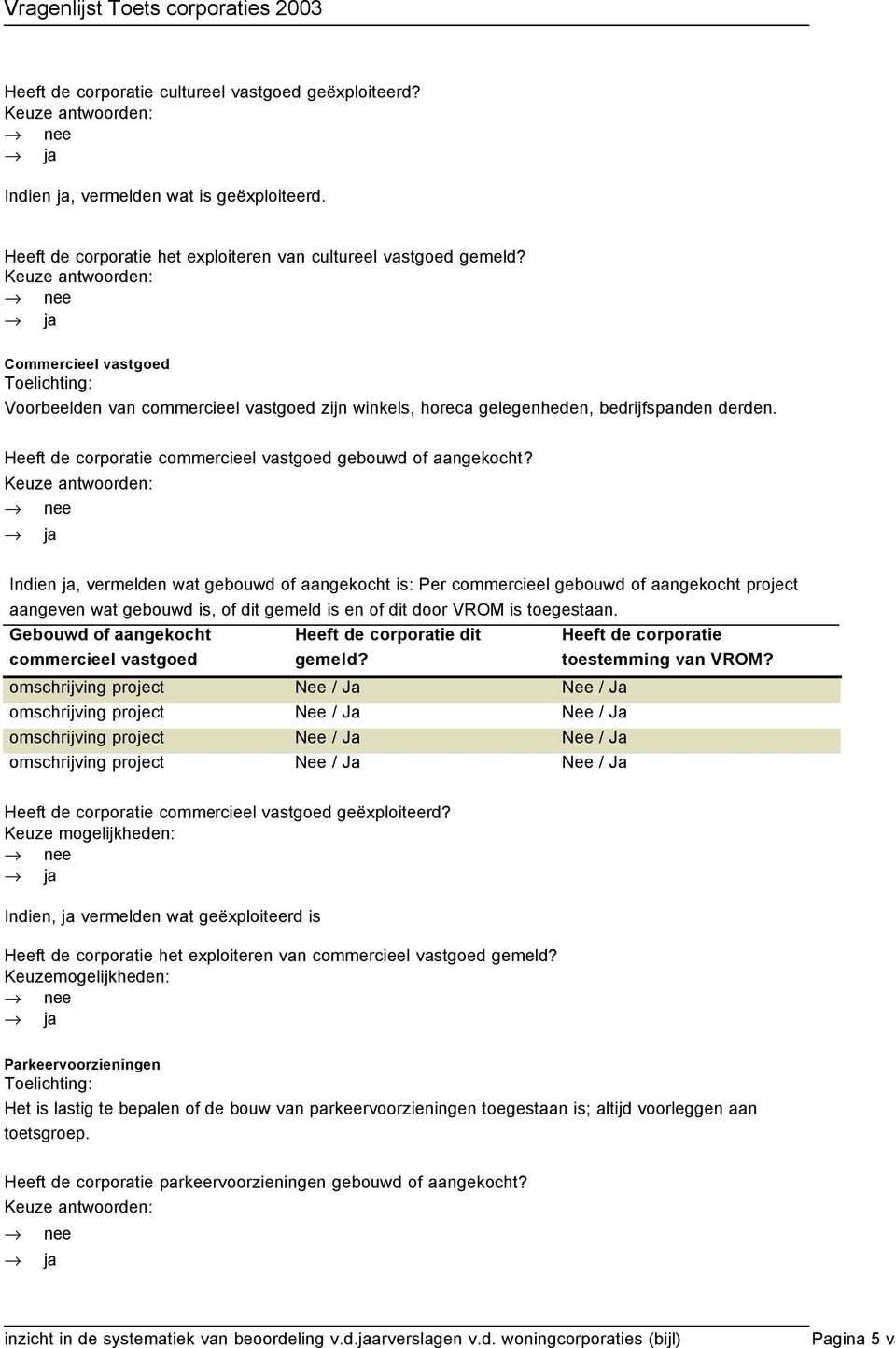 Indien, vermelden wat gebouwd of aangekocht is: Per commercieel gebouwd of aangekocht project aangeven wat gebouwd is, of dit gemeld is en of dit door VROM is toegestaan.