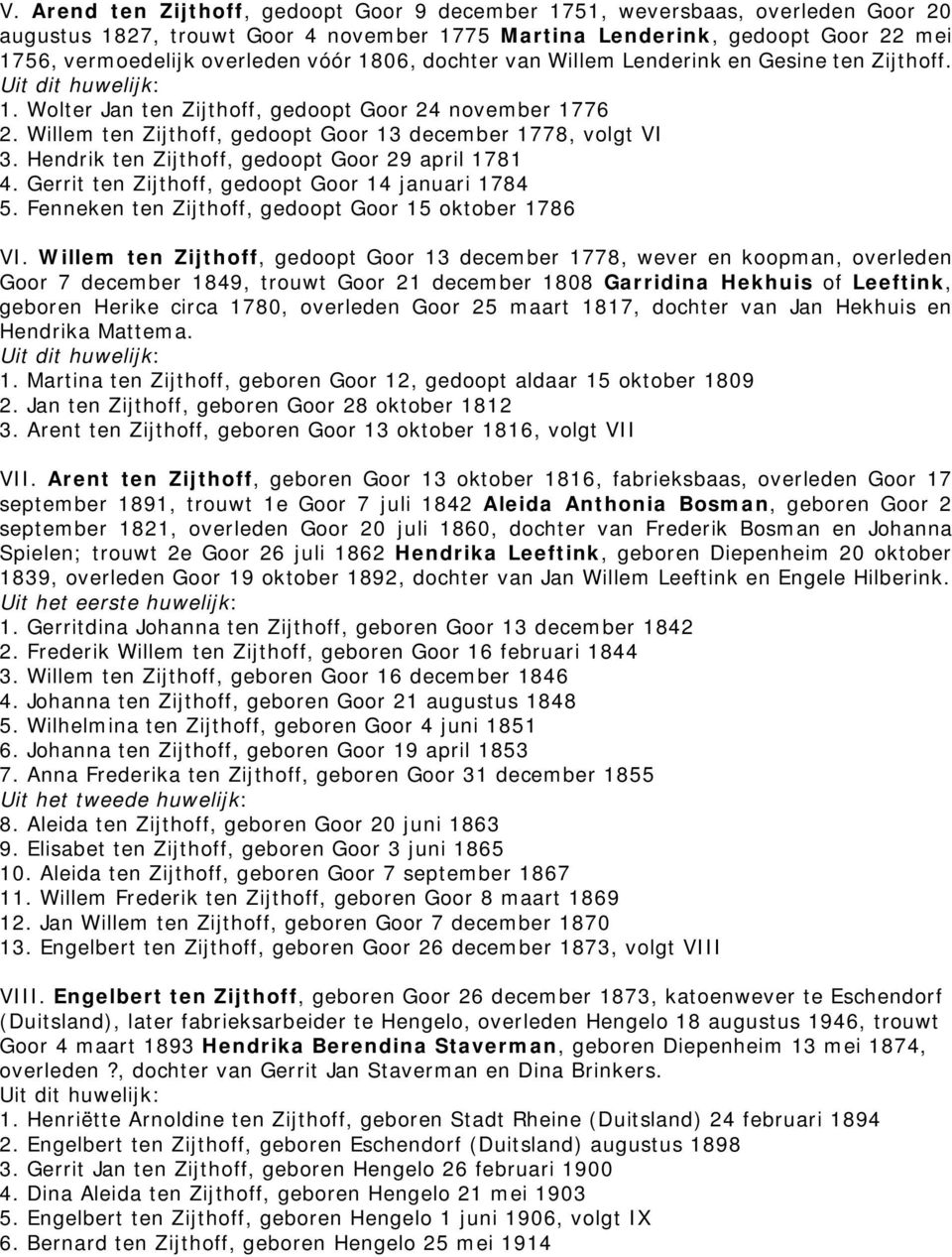 Hendrik ten Zijthoff, gedoopt Goor 29 april 1781 4. Gerrit ten Zijthoff, gedoopt Goor 14 januari 1784 5. Fenneken ten Zijthoff, gedoopt Goor 15 oktober 1786 VI.