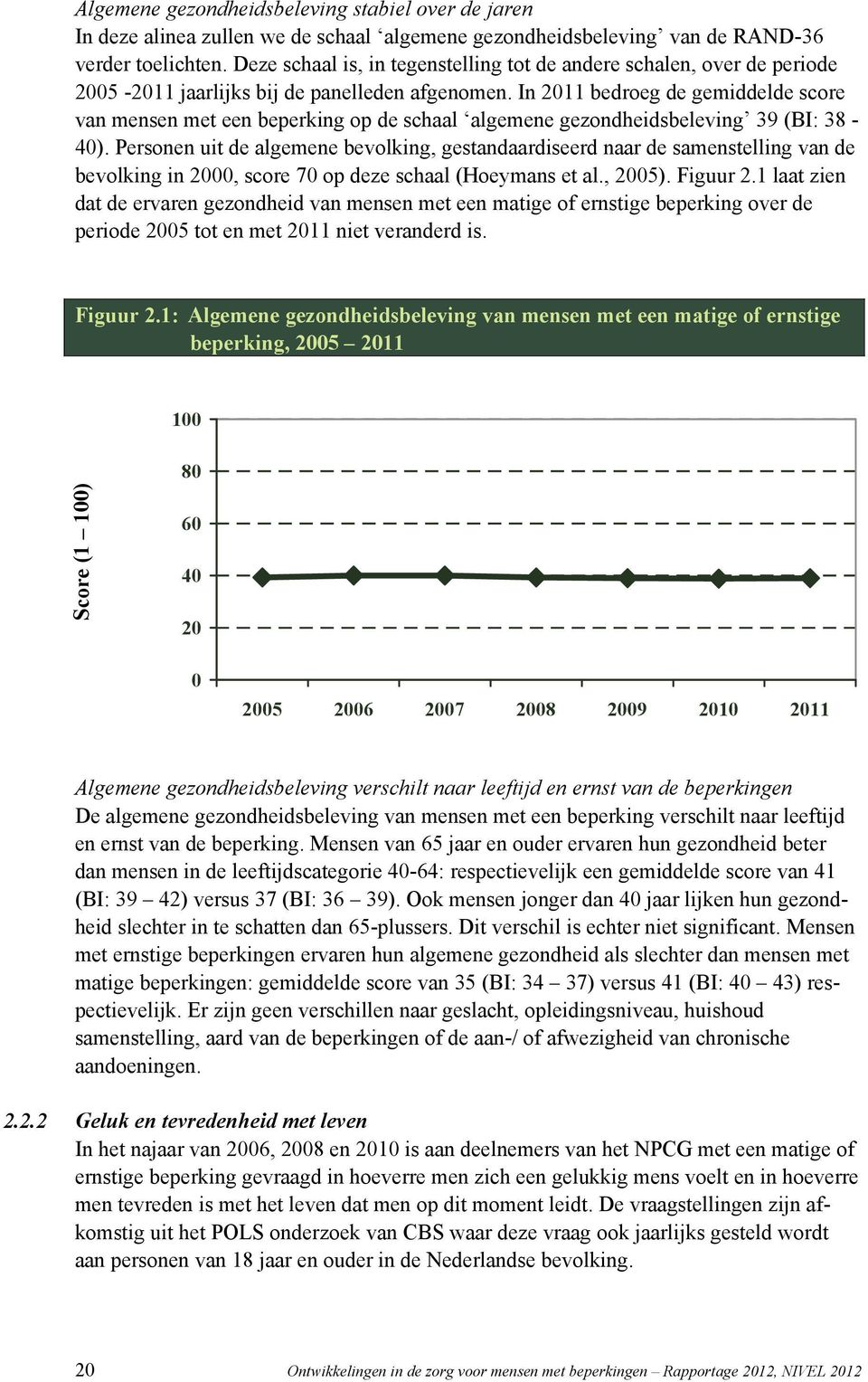 In 2011 bedroeg de gemiddelde score van mensen met een beperking op de schaal algemene gezondheidsbeleving 39 (BI: 38-40).