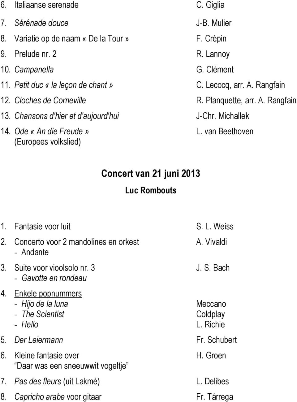 van Beethoven (Europees volkslied) Concert van 21 juni 2013 Luc Rombouts 1. Fantasie voor luit S. L. Weiss 2. Concerto voor 2 mandolines en orkest A. Vivaldi - Andante 3. Suite voor vioolsolo nr. 3 J.