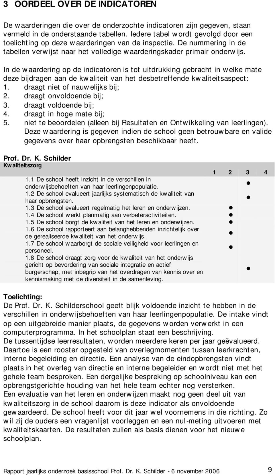 In de waardering op de indicatoren is tot uitdrukking gebracht in welke mate deze bijdragen aan de kwaliteit van het desbetreffende kwaliteitsaspect: 1. draagt niet of nauwelijks bij; 2.