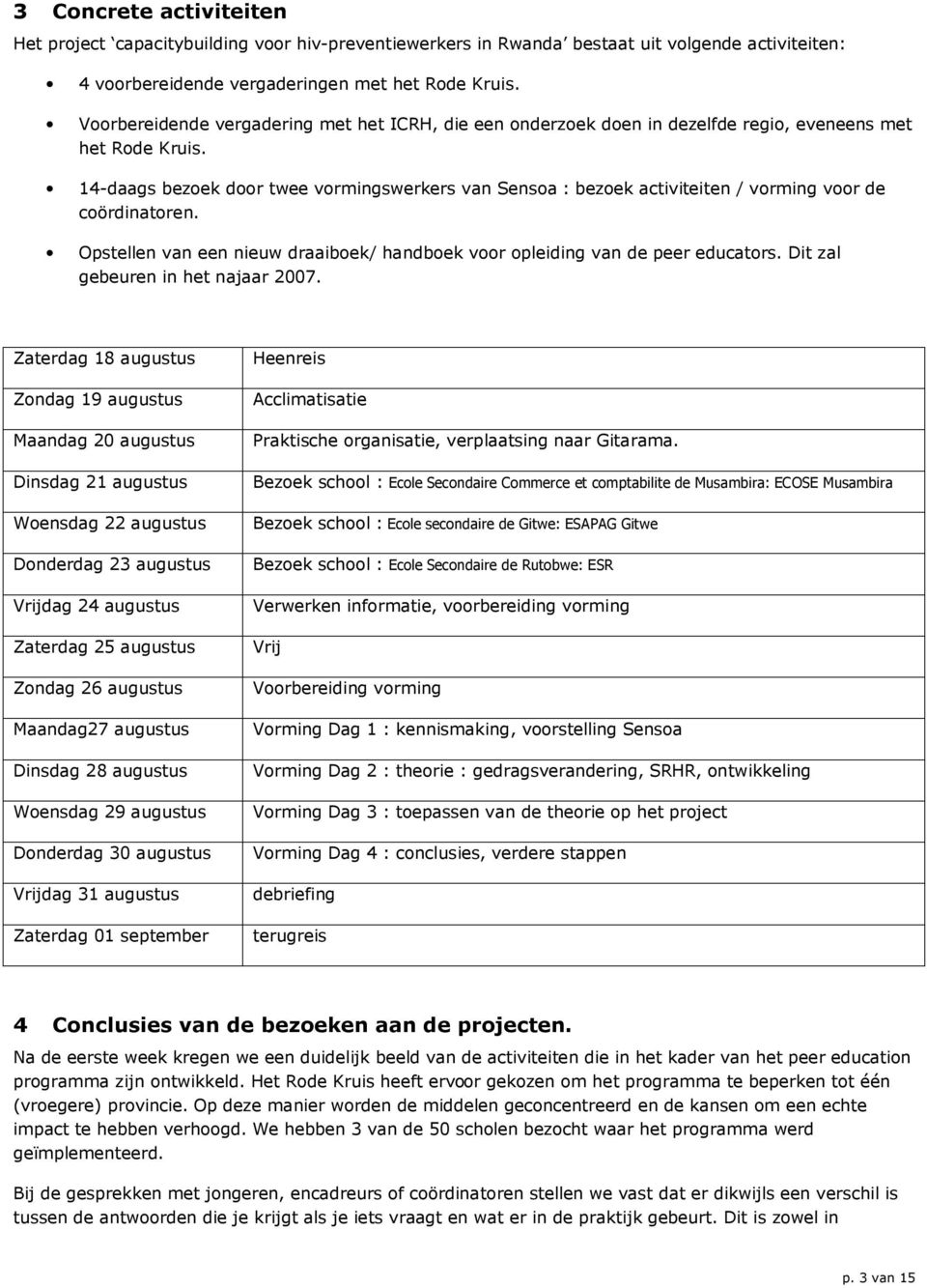 14-daags bezoek door twee vormingswerkers van Sensoa : bezoek activiteiten / vorming voor de coördinatoren. Opstellen van een nieuw draaiboek/ handboek voor opleiding van de peer educators.