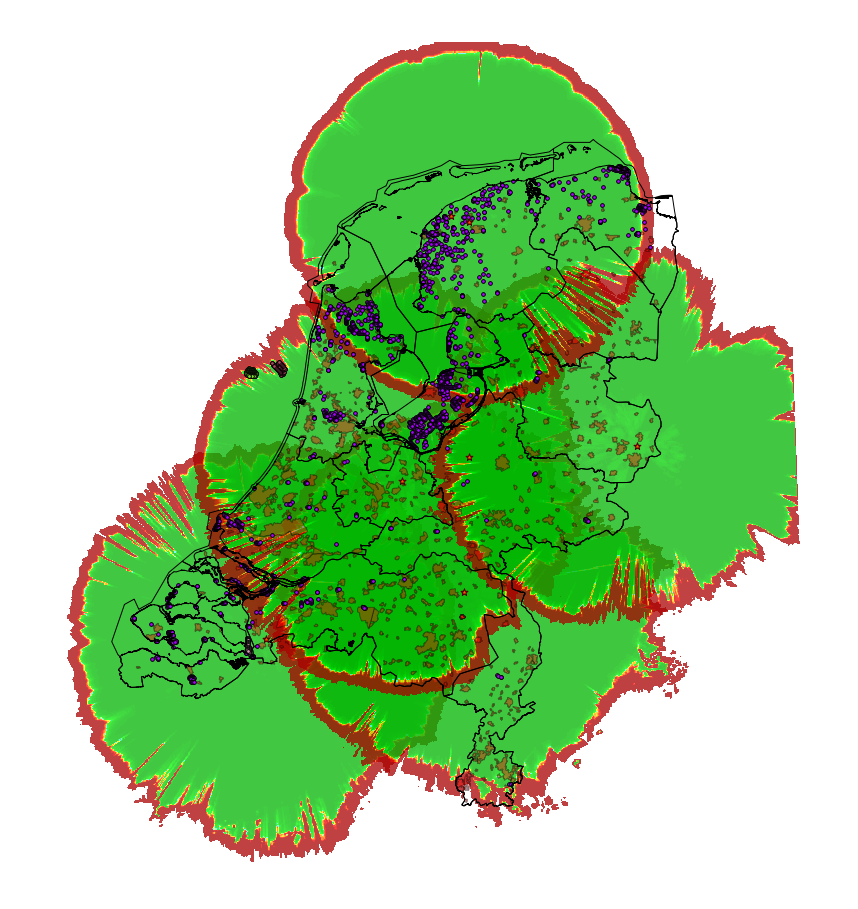 Pd 100% 90% X 80% <70% Figuur 16: Voorbeeld van de individuele radardetectiekansdiagrammen van de vijf MASS radars te Leeuwarden, Twenthe, Soesterberg, Volkel en Woensdrecht.