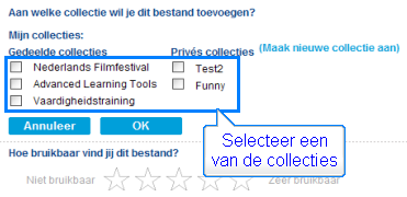 Wanneer u drukt op Voeg toe aan collectie, klapt er een formulier open. Hierin staat een overzicht van al uw collecties en de optie om nieuwe collecties aan te maken.