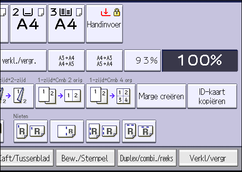 3. Kopiëren CKN074 Er zijn zes soorten dubbelzijdige samenvoegingen. 1-zijdig 4 originelen Comb. 2-zijd. Hiermee worden vier enkelzijdige originelen op één vel met twee pagina's per zijde gekopieerd.