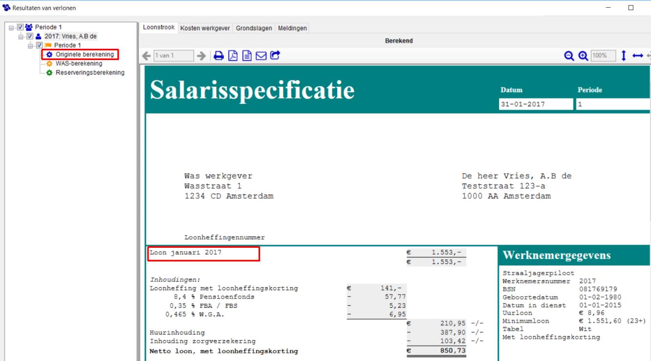 Vergelijking met het berekende loon Kiest u in de linkerkolom Originele berekening. Dit is de strook die voor deze werknemer is berekend.