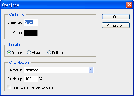 13. OMLIJNEN Noem deze laag Omlijnen Laag - Omlijnen is actief (blauwe achtergr) Ctrl+klik op het laagminiatuur van de laag Achtergrond (=selectie maken) MENU : Bewerken > Omlijnen Ctrl+D om te