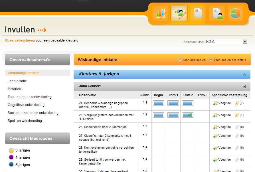 Hier vind je dezelfde informatie als in het observatieschema per klas. Standaard staan de doelen per leeftijd klaar voor elk kind.