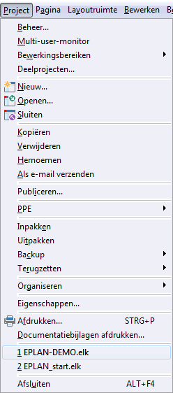 Project sluiten Voorbeeld: Bekijk het volgende voorbeeld. U hebt het demoproject zojuist gesloten. Klik nu op het menu Project en kies EPLAN-DEMO.elk. Het demoproject wordt opnieuw geopend.