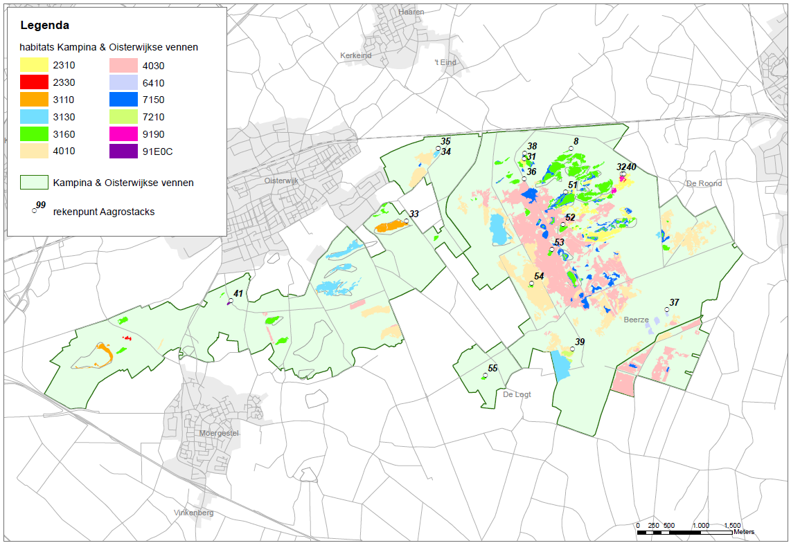 Afbeelding 5: Ligging rekenpunten in Natura 2000-gebied Kampina & Oisterwijkse Vennen en ligging van de habitattypen.