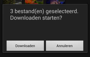 D 112 4 Tik op Downloaden. Als er slechts één foto is geselecteerd, wordt u gevraagd om het formaat te kiezen waarbij de foto naar het smartapparaat wordt gekopieerd.