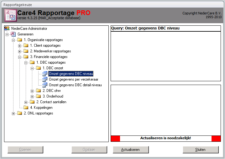 Toelichting op de scherm onderdelen Het hoofdvenster van de Access Rapportage Module