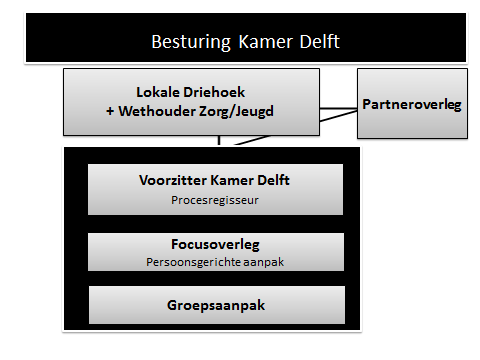 4. Organisatiestructuur De Kamer Delft is een netwerk waarin op operationeel niveau hoofdzakelijk individuele casuïstiek wordt afgehandeld.