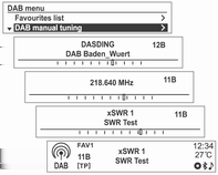 120 Infotainmentsysteem DAB-DAB aan/dab-fm aan Handmatig op radiozenders afstemmen Handmatig op een DAB-zender afstemmen (alleen voor model type 1/2-A) Wanneer u de DAB-FM automatisch koppelen als