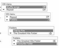 136 Infotainmentsysteem CD-menu Songlist CD-menu Zoeken in mappen Draai aan TUNE om de functies willekeurig afspelen of afspelen herhalen te selecteren en druk vervolgens op MENU om de betreffende