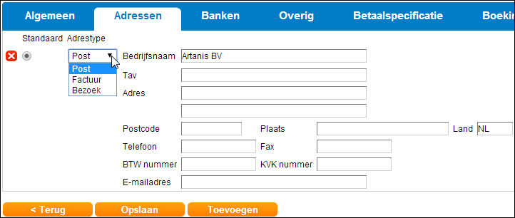 1.2.2 Tabblad adressen Klik vervolgens op "adressen". Hier kan je de adresgegevens van de crediteur invoeren.