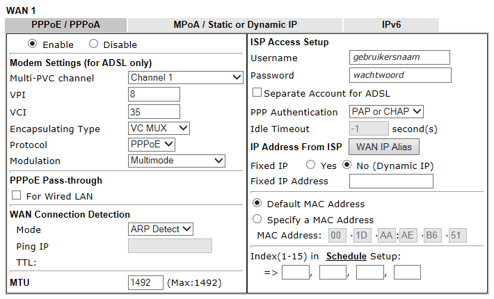 Configuratie WAN1 VDSL2 Instellingen voor VDSL2 via Unet/XS4ALL/KPN Telecom WAN >> General setup. Klik onder Index op WAN1. Verander de optie VLAN Tag insertion naar Enable.