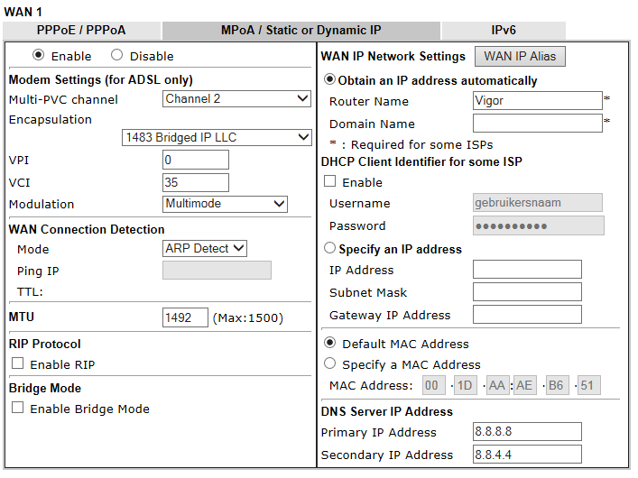 Instellingen voor VDSL2 via Telfort WAN >> General setup. Klik onder Index op WAN1. Verander de optie VLAN Tag insertion naar Enable.