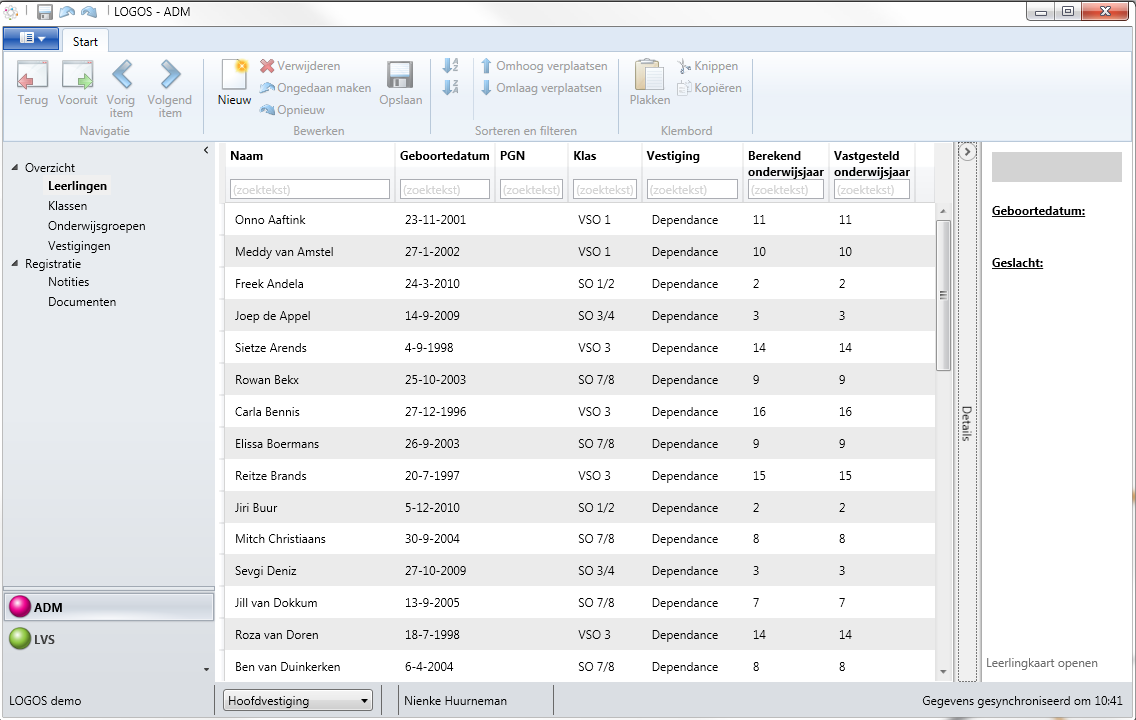 7.3 Leerlingen Het scherm Leerlingen geeft u een overzicht van de algemene gegevens van alle leerlingen binnen uw LOGOS-omgeving.