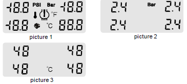 1.2 Uitleg display Druk eenheid: PSI of Bar FL: links voor FR: rechts voor RL: links achter RR: rechts achter Hoog temperatuur icoon Lek icoon Temperatuur eenheid Druk waarschuwing icoon 2.