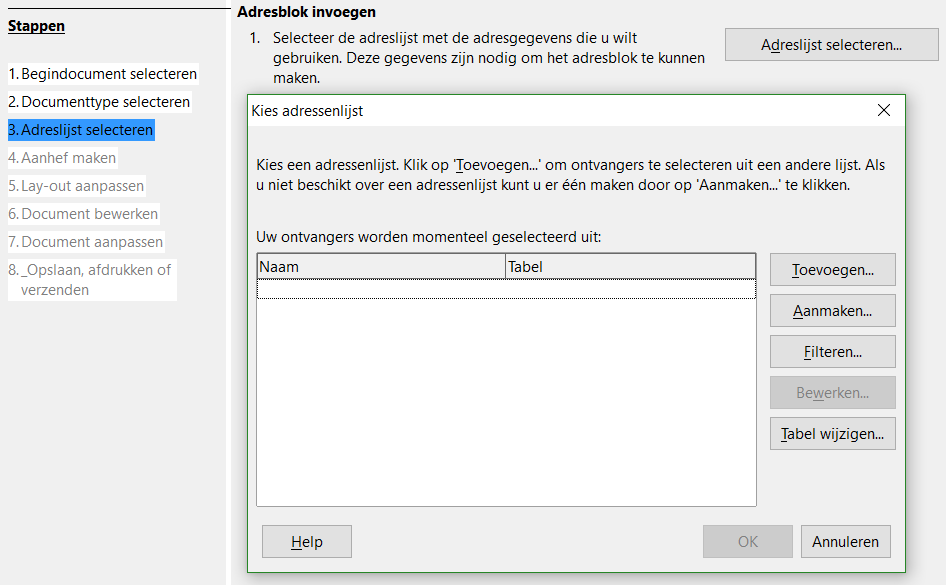 Afbeelding 18: Selecteren van het documenttype 3) Op de derde tabblad, klik op de knop Adreslijst selecteren.