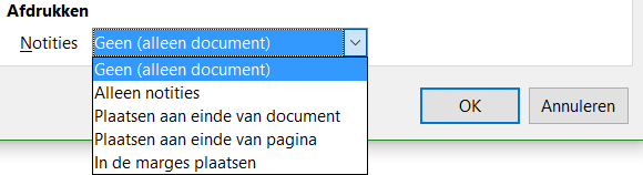 De verschillende componenten van LibreOffice hebben verschillende instellingen voor het afdrukken beschikbaar, zoals opgesomd in Tabel 1.