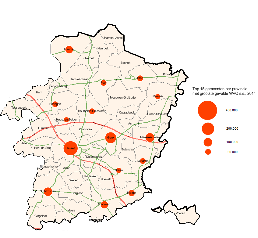 Figuur 19: Top-15 gemeenten in provincie Limburg naar winkelvloeroppervlakte (wvo) in 2014 Bron gegevens: