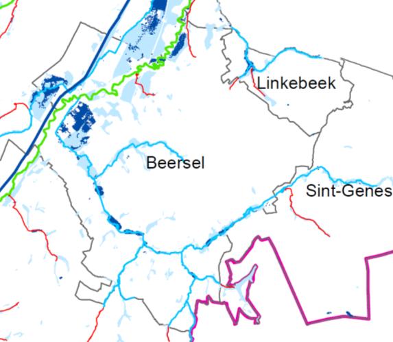 Informatief deel figuur 3: Watertoets: overstromingsgevoelige gebieden (bron: AGIV, 2010) Uit de kaart met overstromingsgevoelige gebieden op het grondgebied van Beersel en de recente overstromingen