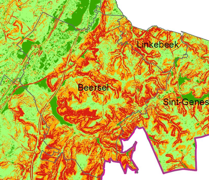 figuur 6: Watertoets: grondwaterstromingsgevoelige gebieden (bron: AGIV, 2010) Winterbedkaart De winterbedkaart duidt gebieden aan waar verandering in bodemgebruik aanleiding kan geven tot een