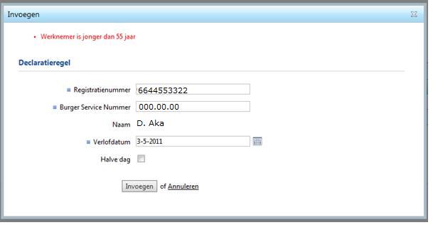 Foutmeldingen Er kunnen een aantal foutmeldingen getoond worden indien u een declaratie wilt toevoegen: - De indieningstermijn is verstreken: de verlofdag wordt gedeclareerd na de indieningstermijn