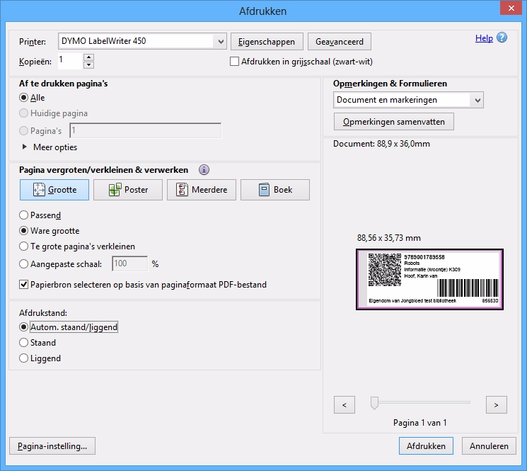 Nadat de pas wordt getoond, selecteert u de Printer knop. Let op of de Printerinstellingen goed staan.